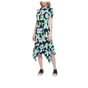 Karl Lagerfeld Paris Letter-Print Belted MIDI Dress Women's 8 Black Multi S/S